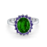 Halo Ring Simulated Purple Amethyst Oval Cubic Zirconia 925 Sterling Silver
