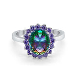 Halo Ring Simulated Purple Amethyst Oval Cubic Zirconia 925 Sterling Silver