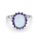 Halo Ring Simulated Purple Amethyst Oval Cubic Zirconia 925 Sterling Silver