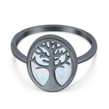 Oval Tree of Life Ring Lab Created Opal Rhodium Plated 925 Sterling Silver