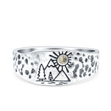 Mountains, Trees Sun Ring Oxidized Band Solid 925 Sterling Silver Thumb Ring (8mm)