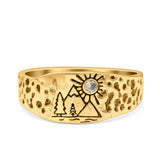 Mountains, Trees Sun Ring Oxidized Band Solid 925 Sterling Silver Thumb Ring (8mm)