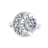 Filigree Crescent Moon & Sun Ring Oxidized 925 Sterling Silver (14.6mm)