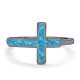 Sideways Cross Ring Rhodium Plated Band Lab Created Opal 925 Sterling Silver (12mm)