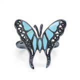 Solitaire Butterfly Ring Band Oxidized Simulated Turquoise CZ 925 Sterling Silver
