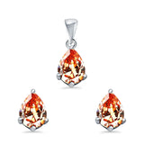 Art Deco Bridal Jewelry Matching Set Pendant Earring Pear Simulated Cubic Zirconia 925 Sterling Silver