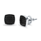 Square Cushion Shape Simulated CZ Stud Earrings Screw-Back Round Pave 925 Sterling Silver
