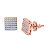 Square Stud Earrings Pave Simulated CZ Screw-Back 925 Sterling Silver