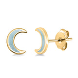 Half Moon CZ Stud Earrings Natural Larimar 925 Sterling Silver (7.5mm)