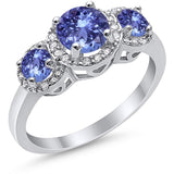 3 Stone Halo Wedding Ring Simulated Cubic Zirconia 925 Sterling Silver