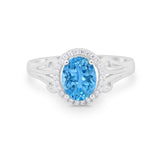 Halo Filigree Oval Wedding Ring Round Simulated Cubic Zirconia 925 Sterling Silver