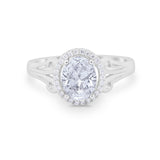 Halo Filigree Oval Wedding Ring Round Simulated Cubic Zirconia 925 Sterling Silver