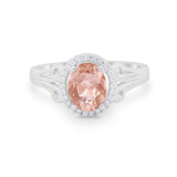 Halo Filigree Oval Wedding Ring Round Simulated Cubic Zirconia 925 Sterling Silver