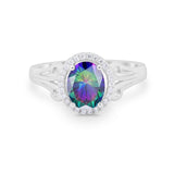 Halo Filigree Oval Wedding Ring Round Simulated Cubic Zirconia 925 Sterling Silver
