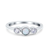 3 Ston Fashion Ring Lab Created White Opal Round Simulated Cubic Zirconia 925 Sterling Silver