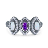 Halo Marquise Art Deco Three Stone Wedding Bridal Ring Created White Opal Round Simulated Cubic Zirconia 925 Sterling Silver