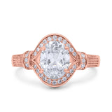 Oval Art Deco Wedding Engagement Bridal Ring Accent Vintage Round Simulated Cubic Zirconia 925 Sterling Silver