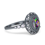 Oval Vintage Art Deco Halo Wedding Engagement Bridal Ring Round Simulated Cubic Zirconia 925 Sterling Silver