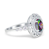 Oval Vintage Art Deco Halo Wedding Engagement Bridal Ring Round Simulated Cubic Zirconia 925 Sterling Silver