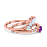 Two Piece Bridal Set Marquise Art Deco Wedding Engagement Ring Set Round Simulated Cubic Zirconia & Lab White Opal Band 925 Sterling Silver