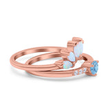 Two Piece Bridal Set Marquise Art Deco Wedding Engagement Ring Set Round Simulated Cubic Zirconia & Lab White Opal Band 925 Sterling Silver