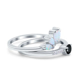 Two Piece Bridal Set Marquise Art Deco Wedding Engagement Ring Set Round Simulated Cubic Zirconia & Lab White Opal Band 925 Sterling Silver