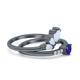 Two Piece Bridal Set Marquise Art Deco Wedding Engagement Ring Set Round Simulated Cubic Zirconia & Lab White Opal Band 925 Sterling Silver