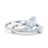 Two Piece Bridal Set Marquise Art Deco Wedding Engagement Ring Set Round Simulated Cubic Zirconia & Lab White Opal Band 925 Sterling Silver