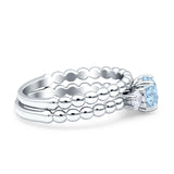 Three Stone Two Piece Bridal Round Beaded Natural Aquamarine Engagement Ring