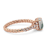 Hidden Halo Twisted Rope Oval Natural Green Moss Agate Engagement Ring