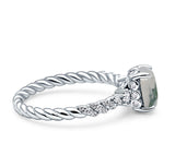 Hidden Halo Twisted Rope Oval Natural Green Moss Agate Engagement Ring