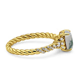 Hidden Halo Twisted Rope Oval Natural Green Moss Agate Engagement Ring