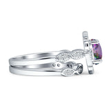 Two Piece Round Halo Floral Ring Cubic Zirconia 925 Sterling Silver