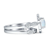 Two Piece Round Halo Floral Ring Cubic Zirconia 925 Sterling Silver