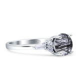 Round Natural Rutilated Quartz Vintage Style Ring Baguette 925 Sterling Silver