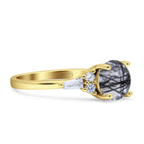 Round Natural Rutilated Quartz Vintage Style Ring Baguette 925 Sterling Silver