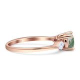 Three Stone Round Natural Green Moss Agate Two Kite CZ Trio Ring 925 Sterling Silver