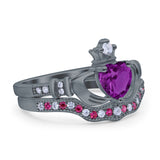 Claddagh Accent Heart Wedding Engagement Bridal Set Piece Ring Band Round Ruby Simulated Cubic Zirconia 925 Sterling Silver