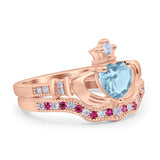 Claddagh Accent Heart Wedding Engagement Bridal Set Piece Ring Band Round Ruby Simulated Cubic Zirconia 925 Sterling Silver