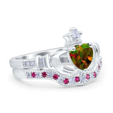 Claddagh Accent Heart Wedding Engagement Bridal Set Piece Ring Band Round Ruby Simulated Cubic Zirconia 925 Sterling Silver