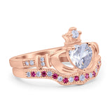 Claddagh Accent Heart Wedding Engagement Bridal Set Piece Ring Band Round Ruby Simulated Cubic Zirconia 925 Sterling Silver