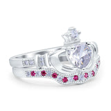 Claddagh Accent Heart Wedding Engagement Bridal Set Piece Ring Band Round Ruby Simulated Cubic Zirconia 925 Sterling Silver