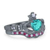 Claddagh Accent Heart Wedding Engagement Bridal Set Piece Ring Band Round Ruby Simulated Cubic Zirconia 925 Sterling Silver