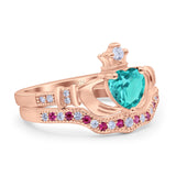 Claddagh Accent Heart Wedding Engagement Bridal Set Piece Ring Band Round Ruby Simulated Cubic Zirconia 925 Sterling Silver