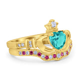 Claddagh Accent Heart Wedding Engagement Bridal Set Piece Ring Band Round Ruby Simulated Cubic Zirconia 925 Sterling Silver
