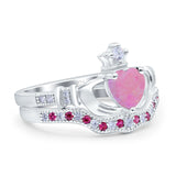 Claddagh Accent Heart Wedding Engagement Bridal Set Piece Ring Band Round Ruby Simulated Cubic Zirconia 925 Sterling Silver