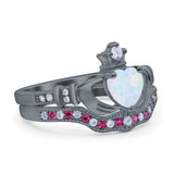 Claddagh Accent Heart Wedding Engagement Bridal Set Piece Ring Band Round Ruby Simulated Cubic Zirconia 925 Sterling Silver