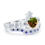 Claddagh Accent Heart Wedding Bridal Set Piece Ring Band Round Blue Sapphire Simulated Cubic Zirconia 925 Sterling Silver