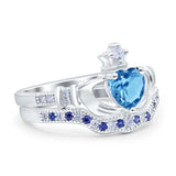 Claddagh Accent Heart Wedding Bridal Set Piece Ring Band Round Blue Sapphire Simulated Cubic Zirconia 925 Sterling Silver