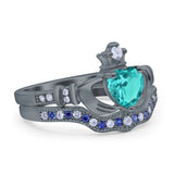 Claddagh Accent Heart Wedding Bridal Set Piece Ring Band Round Blue Sapphire Simulated Cubic Zirconia 925 Sterling Silver